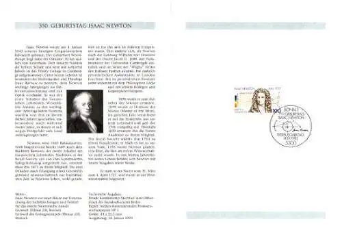 D,Bund Blatt 2/93 Sir Isaac Newton (Marke MiNr.1646)