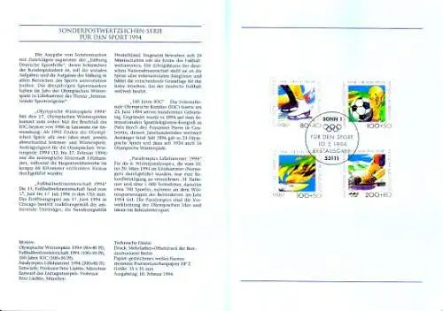 D,Bund Blatt 5/94 Sporthilfe, Fußball-WM, Olympia (Marken MiNr.1717-1720)