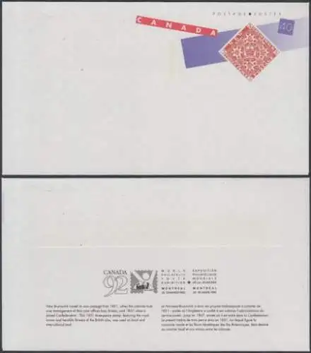 Kanada Ganzsache zur Int.Jugend-Briefmarkenausstellung CANADA'92 s.Bild