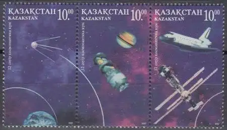 Kasachstan Mi.Nr. Zdr.165,163,164 Kosmonautik, u.a. Sputnik, Mir, Space-Shuttle 