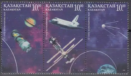 Kasachstan Mi.Nr. Zdr.163,164,165 Kosmonautik, u.a. Sputnik, Mir, Space-Shuttle 