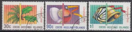 Kokos-Inseln Mi.Nr. 163-65 Weihnachten 1986, u.a. Schnecke, Glocke (3 Werte)