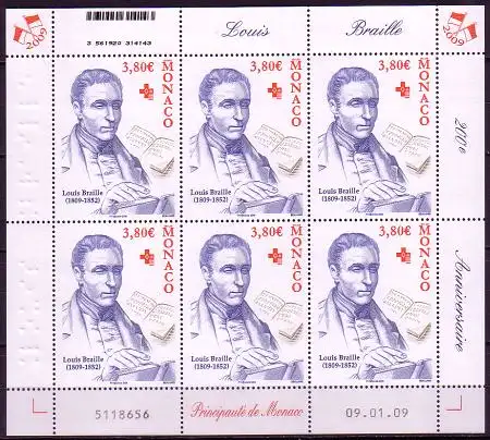 Monaco Mi.Nr. Klbg.2938 200. Geburtstag Louis Braille (mit 6 x 2938)