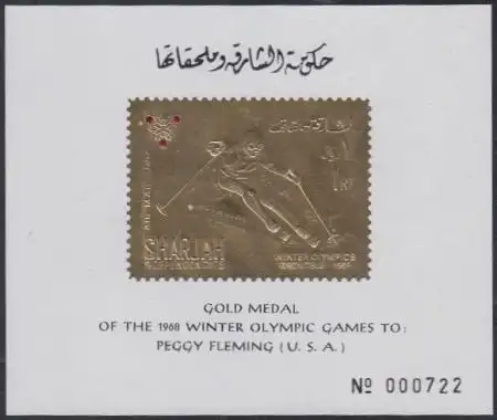 Sharjah Mi.Nr. A464A Sb Olympia 1968 Grenoble, Skiläufer (für Peggy Fleming)