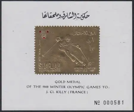 Sharjah Mi.Nr. A464A Sb Olympia 1968 Grenoble, Skiläufer (für Jean-Claude Killy)