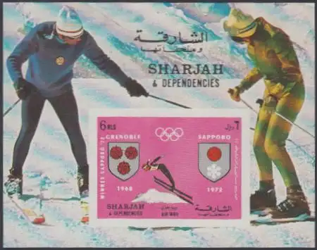 Sharjah Mi.Nr. Block 86 Olympia 72 Sapporo, Wappen Grenoble+Sapporo, Skispringer