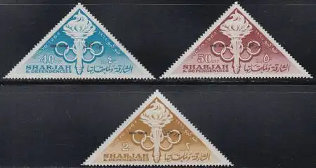 Sharjah Khor Fakkan Mi.Nr. 15-17A Olympia 1964 Tokio, Olymp.Ringe, Fackel (3 W.)