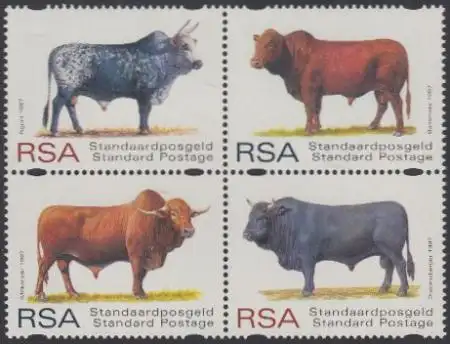 Südafrika Mi.Nr. Zdr.1079-82 Afrikanische Rinderrassen (Viererblock)