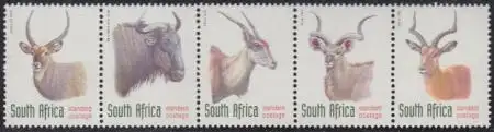 Südafrika Mi.Nr. Zdr.1124-28yA Freim. Einheimische Tiere (Fünferstreifen)