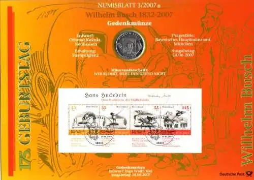 D,Bund, 175. Geburtstag Wilhelm Busch, Hans Huckebein (Numisblatt 3/2007)