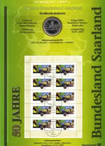 D,Bund, 50 Jahre Bundesland Saarland (Numisblatt 1/2007)