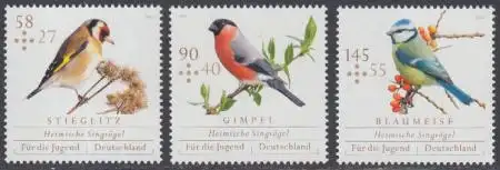 D,Bund Mi.Nr. 3023-25 Heimische Singvögel, Stieglitz Gimpel Blaumeise (3 Werte)