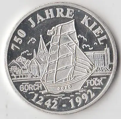 Medaille 750 Jarhe Kiel 1242-1992, Gorch Fock, Wappen