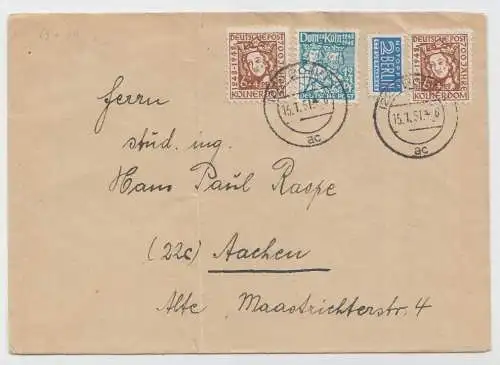 Bizone MiNr. 69 (2x), 70, Brief von Aachen nach Bonn 1951
