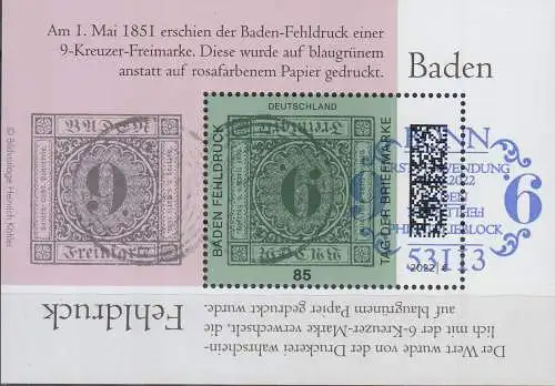 D,Bund Mi.Nr. Block 90 Tag der Briefmarke 2022, Baden Fehldruck EvSt.