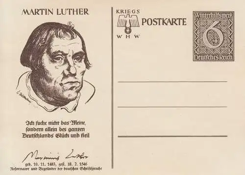 Dt. Reich Mi.Nr. P 285/02 Sonderpostkarte Winterhilfswerk 1939, Martin Luther