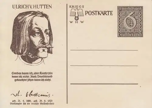 Dt. Reich Mi.Nr. P 285/03 Sonderpostkarte Winterhilfswerk 39, Ulrich von Hutten