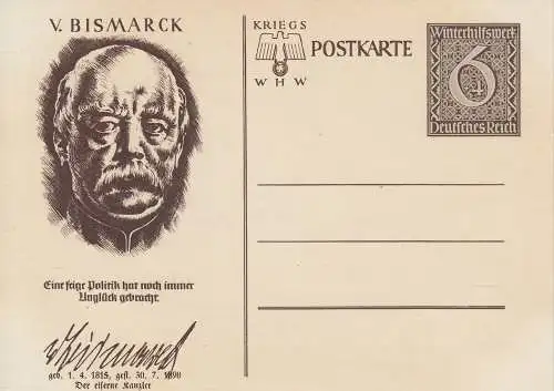 Dt. Reich Mi.Nr. P 285/05 Sonderpostkarte Winterhilfswerk 1939, v. Bismarck