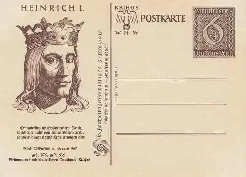 Dt. Reich Mi.Nr. P 286/01 Sonderpostkarte Winterhilfswerk 1939, Heinrich I.