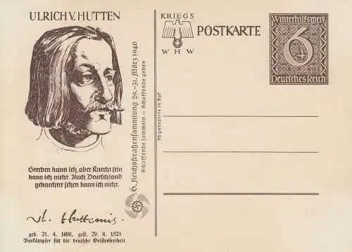 Dt. Reich Mi.Nr. P 286/03 Sonderpostkarte Winterhilfswerk 39, Ulrich von Hutten