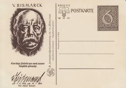 Dt. Reich Mi.Nr. P 286/05 Sonderpostkarte Winterhilfswerk 1939, v. Bismarck