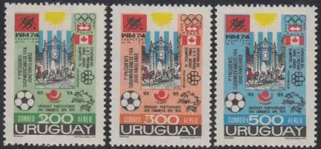 Uruguay Mi.Nr. 1313-15 Fußball-WM 74, UPU-Kongress, Olympia 1976 (3 Werte)