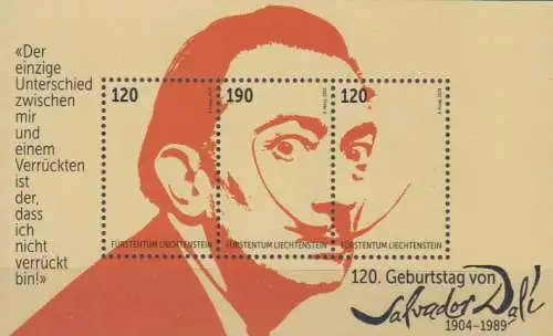 Liechtenstein MiNr. Block 53, 120. Geburtstag Salvador Dalí