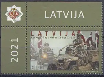 Lettland MiNr. 1135 Nationalgardisten in Geländefahrzeugen mit Nationalflagge