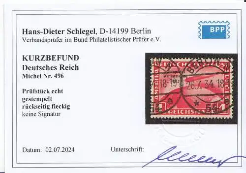 D,Dt.Reich Mi.Nr. 496 Zeppelin mit Aufdr. Chicagofahrt (1 RM), Kurzbefund 