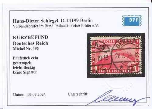 D,Dt.Reich Mi.Nr. 496 Zeppelin mit Aufdr. Chicagofahrt (1 RM), Kurzbefund 