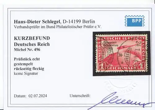 D,Dt.Reich Mi.Nr. 496 Zeppelin mit Aufdr. Chicagofahrt (1 RM), Kurzbefund 