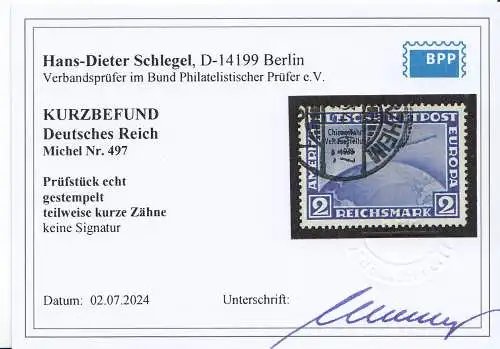 D,Dt.Reich Mi.Nr. 497 Zeppelin mit Aufdr. Chicagofahrt (2 RM), Kurzbefund