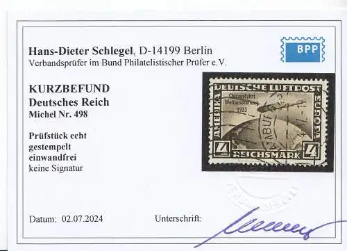 D,Dt.Reich Mi.Nr. 498 Zeppelin mit Aufdr. Chicagofahrt (4 RM), Kurzbefund