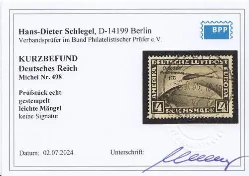 D,Dt.Reich Mi.Nr. 498 Zeppelin mit Aufdr. Chicagofahrt (4 RM), Kurzbefund