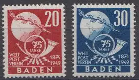 D,Franz.Zone,Baden Mi.Nr. 56-57 Satz 75 Jahre Weltpostverein (2 Werte)