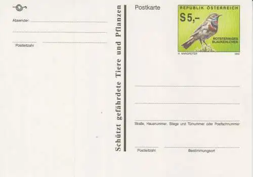 Österreich, Postkarte Mi.Nr. P 516 Rotsterniges Blaukehlchen