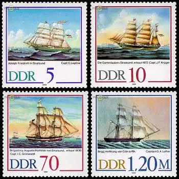 D,DDR Mi.Nr. 3198-3201 Schiffer-Compagnie Stralsund, Segelschiffe (4 Werte)