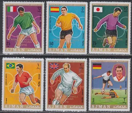 Ajman Mi.Nr. 586-91A Fußball-WM 1970, Spieler, Flaggen, 525-30A m.Aufdr. gezähnt