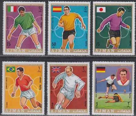 Ajman Mi.Nr. 525-30A Fußball-WM 1970, Spieler, Flaggen, gezähnt (6 Werte)