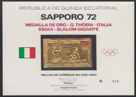 Äquatorialguinea Mi.Nr. 75 Olympia 72, Goldmedaille Thoeni Goldmarke! (200+25)