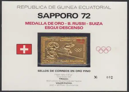 Äquatorialguinea Mi.Nr. 76 Olympia 72, Goldmedaille Russi Goldmarke! (200+25)