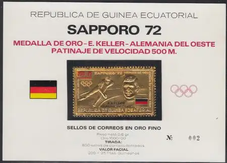 Äquatorialguinea Mi.Nr. 78 Olympia 72, Goldmedaille Keller Goldmarke! (200+25)