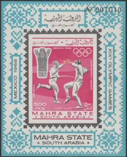 Aden Mahra State Mi.Nr. Block 2B Olympia 1968 Mexiko, Fechten, ungez.