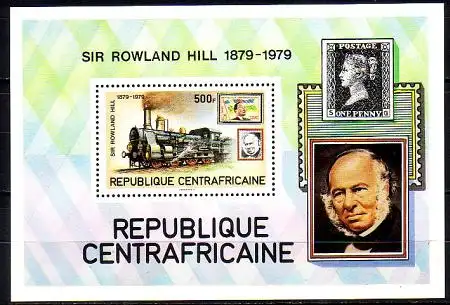 Zentralafrikan.Rep. Mi.Nr. Block 70 100. Todestag Sir Rowland Hill / Dampflok