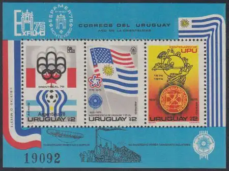 Uruguay Mi.Nr. Block 28 Olympia Montreal, Fußball-WM, Flaggen, 100J. UPU 