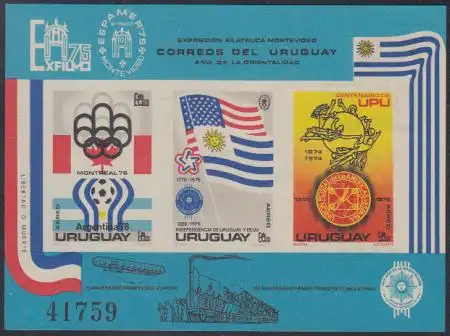 Uruguay Mi.Nr. Block 28(U) Olympia Montreal, Fußball-WM, Flaggen, 100J. UPU 