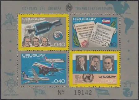 Uruguay Mi.Nr. Block 27 Apollo, Unabh. USA+Uruguay, Flugzeuge, UNO-Gen.sekretäre