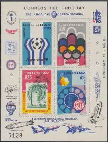 Uruguay Block ähnlich MiNr. 1402-05 Olympia, Telefon, UPU, Fußball-WM 