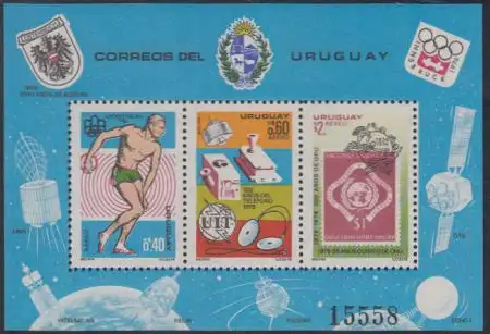 Uruguay Mi.Nr. Block 30 Diskuswerfer, Olympia 76, 100J. Telefon, 100J. UPU 