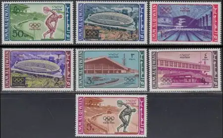 Umm al-Kaiwain Mi.Nr. 19-25A Olympia 1964 Tokio, Sportstätten (7 Werte)